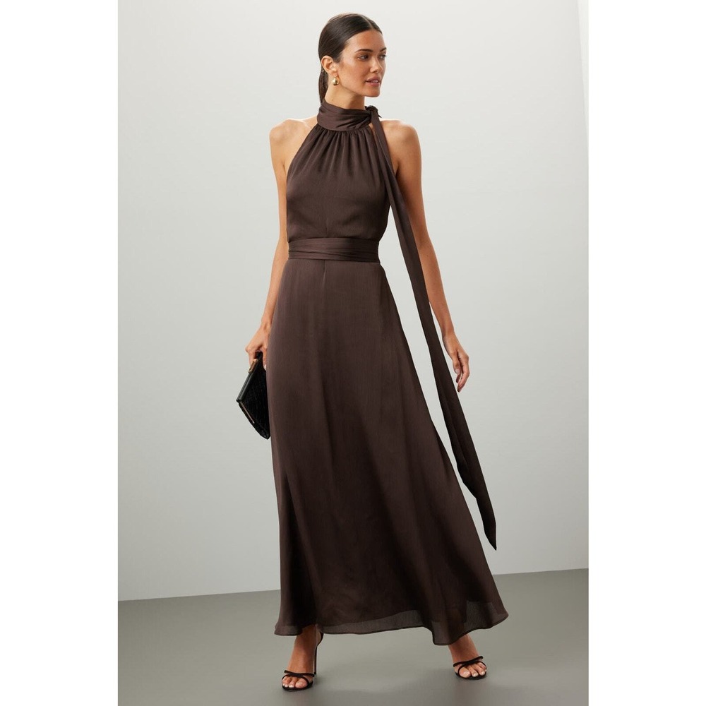 Sachin & Babi Kayla Gown Brown Satin Maxi Halter Neck Tie Sleeveless Dress Sz 10